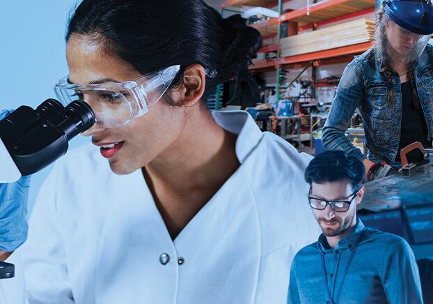 Multiple people on image: Person looking in microscope, person looking at clipboard, person working at building site